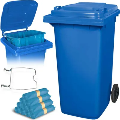 Produktbild von BRB 240 Liter Mülltonne blau mit Halter für Müllsäcke, inkl. 100 Müllsäcke