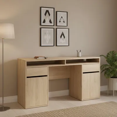 Immagine prodotto di Dmora Scrivania Leepi 48.2x149x77.4h cm Marrone Rovere, 2 Ante 2 Cassetti