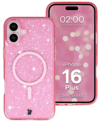 Produktbild von Glitzer Hülle mit Magnetring für iPhone 16 Plus, Bizon Case SparklO, Transparent-Rosa mit Glitzer