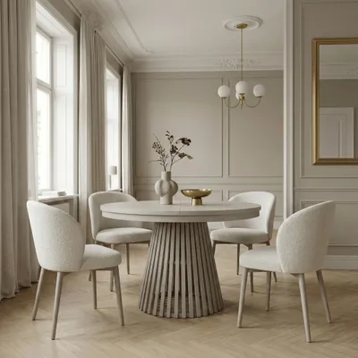 Produktbild von Runder Ausziehbarer Tisch für Esszimmer, DOVER mit Ring-Gestell Kaschmir- Lamellenbeine, Durchmesser: 120/220 cm, Farbe: Kaschmir