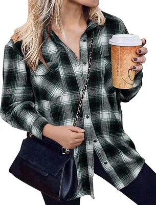 Image de ASKSA Chemisier Femme Casual Carreaux Veste Chemise Boutons Manches Longues Plaid, Vert, XL