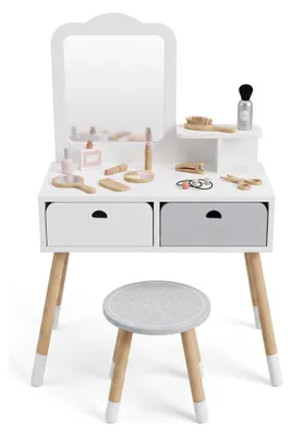 Image de Buxibo Set de maquillage Montessori - En bois avec tabouret et miroir - Bureau pour enfants - Blanc