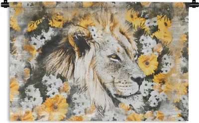Produktbild von MuchoWow® Wandteppich Wandbehang Löwe - Blumen - Schwarz - Weiß 120x80 cm Tapisserie Dekoration Wandtuch - Wanddekorationen - Wandtücher