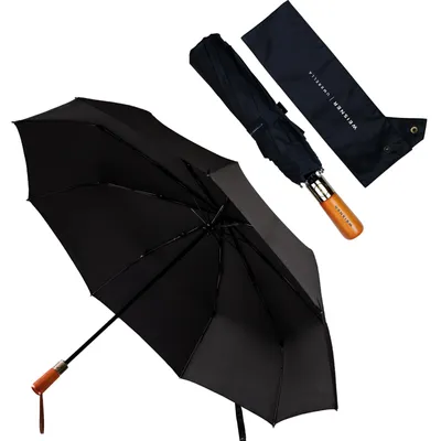 A black umbrella and its case are displayed against a white background.