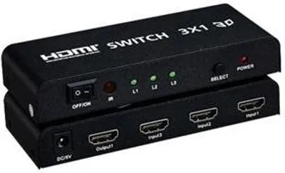 Productafbeelding van PremiumCord HDMI-schakelaar 3:1, metalen behuizing, met afstandsbediening.