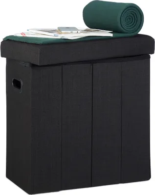 Produktbild von Relaxdays Faltbarer Sitzhocker, HxBxT: 49,5 x 46 x 25,5 cm, mit Stauraum, Griffe, Leinen, Polyester, MDF, schwarz