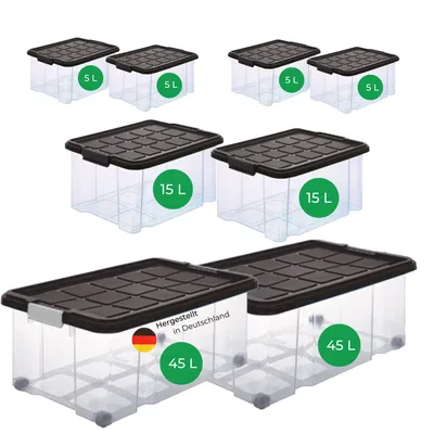 Produktbild von Novaliv 8 tlg Sparset Aufbewahrungsboxen mit Deckel Anthrazit 2x45 L + 2x 15L + 4x 5L Nestbar stapelbar Clipverschluss Rollboxen BPA-frei