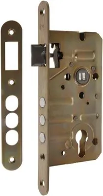 A lock mechanism and its strike plate are shown against a white background.
