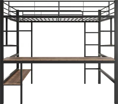 Produktbild von okwish Hochbett Etagenbett 90x200 cm mit Rausfallschutz, Metallbett Kinderbett mit Schreibtisch und Regal, Eisenbett Jugendbett mit Leiter, schwarz