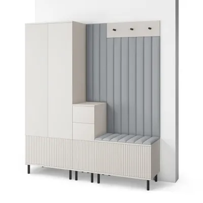 Produktbild von Garderoben-Set Ritmo version 7 – gefräste Kleiderschrank mit Polsterplatten, Schuhschrank, für Flur und Eingangsbereich (Cashmere, Trinity 14)