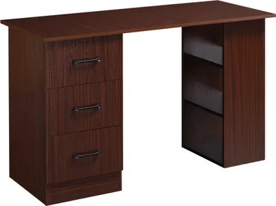 A studio shot of a wooden desk with drawers and shelves.