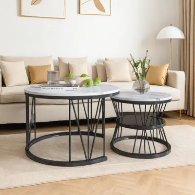 A living room scene with a sofa, coffee tables, and a floor lamp.