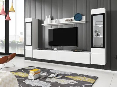 Produktbild von Minio, Wohnwand "VEVE 2", 4-Teilig, hängend, stehend, Wohnzimmer, Weiss Matt / Weiss Glanz Farbe