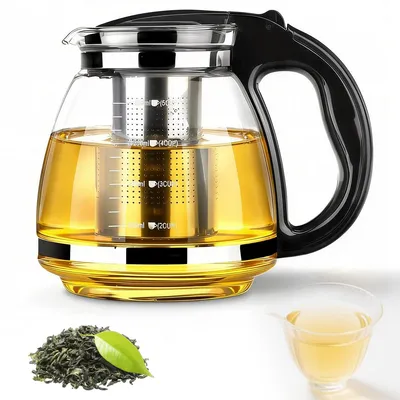 Produktbild von Glas Teekanne mit Edelstahlfilter, hitzebeständiger Griff, 1500ml, schwarz