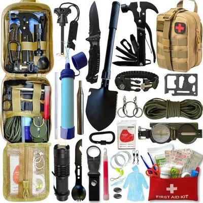 Produktbild von Überlebenskit mit Erste-Hilfe-Set, Filtern, Schaufel, Kompass, Multitool, Messer, Feuerzeug und Werkzeugen