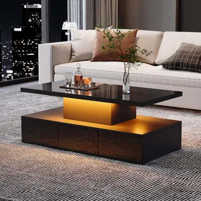 Image de MODFU Table Basse Moderne avec LED - Meuble de Salon à Double Niveau, Tiroir Coulissant, MDF, Noir, 100×50×39 cm