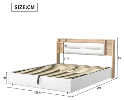 Productafbeelding van Boxspringbed - 160 x 200 cm - Hydraulisch bedframe - LED-verlicht hoofdeinde - Opbergruimte - Lattenbodem - Wit