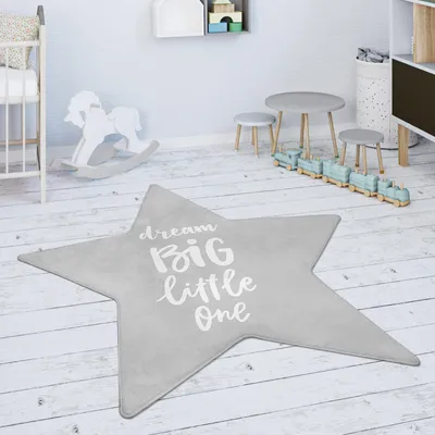 Produktbild von Kinderteppich Teppich Kinderzimmer Spielmatte Rutschfest Stern Schriftzug Grau Weiß Grösse 80 cm Stern-Form