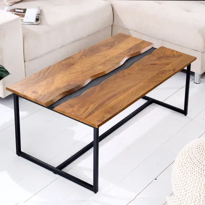 Produktbild von Massiver Couchtisch AMAZONAS 110cm Mangoholz Metall schwarz Baumkante Honey Finish