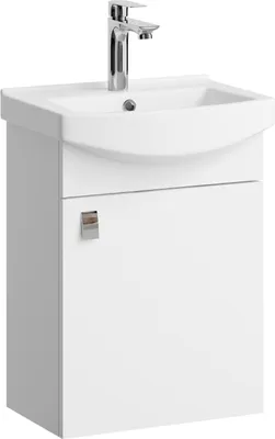 A white bathroom vanity with a sink and faucet.