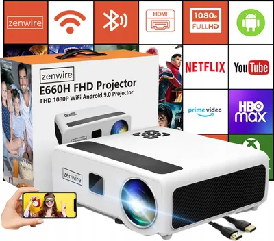 A projector and its packaging are displayed with various app logos in the background, suggesting smart TV capabilities.