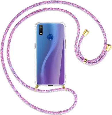 Produktbild von Handykette Backcover-Schutzhülle mit Band (Metall goldfarben) für Realme 3 Pro (X Lite) - lila/rosa/blau