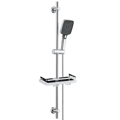 Zdjęcie produktu dla JOHO Drążek prysznicowy ze stali nierdzewnej 100 cm z półką, zestaw z drążkiem prysznicowym, ręczną słuchawką, wężem i uchwytem, pasujący do istniejących otworów, chrom