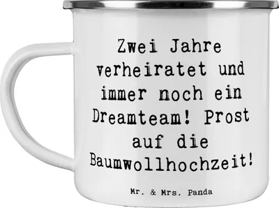 Produktbild von Mr. & Mrs. Panda Emaille Tasse Spruch 2. Hochzeitstag Baumwollhochzeit - Weiß - Geschenk, zweiter, Feier, Pott, outdoortasse, Heirat, Teetasse, Hochzeitsjubiläum, Becher