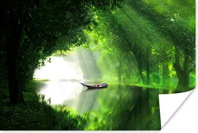 Produktbild von MuchoWow® Poster Ein Boot auf einem Fluss, umgeben von grünem Wald 120x80 cm - Bilder