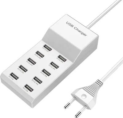 A white USB charging station with multiple ports and a power plug.