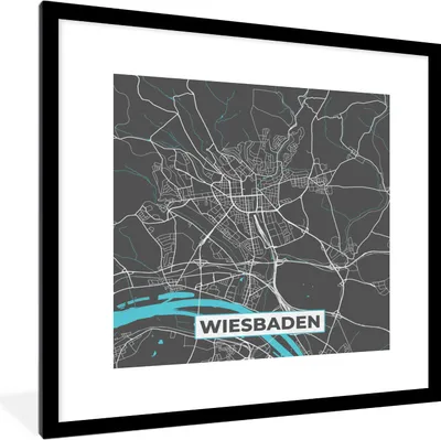 Produktbild von MuchoWow® Gerahmtes Poster Stadtplan - Deutschland - Blau - Wiesbaden - Karte 40x40 cm - Poster mit Schwarzem Bilderrahmen Wandposter Rahmen Foto Bilder - Poster - Plakat im Rahmen
