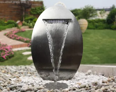Produktbild von Köhko® Wasserwand Ø 37.5 cm in Ei-Optik mit LED- Beleuchtung „Ellisse“ 22013 aus matt gebürsteten Edelstahl mit Harzbecken
