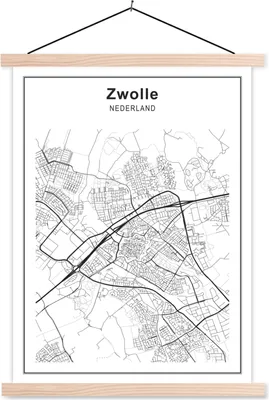 Produktbild von MuchoWow® Textilposter Stadtplan - Zwolle - Schwarz und weiß 120x160 cm mit holzfarbenen Rahmen - Plakatkarton