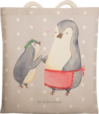 Produktbild von Mr. & Mrs. Panda Tote Bag Pinguin mit Kind - Grau Pastell - Geschenk, Mama, Muttertag, Beuteltasche, Tasche, Vorbild, großer shopper, shopping, Einkaufstasche, Familie