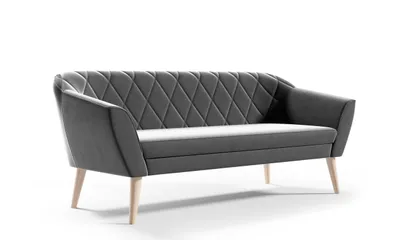 A grey sofa with a diamond-stitched back and light wood legs is shown against a white background.