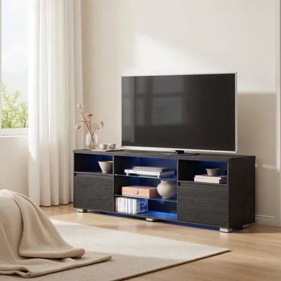 Produktbild von VASAGLE TV-Schrank mit LED-Beleuchtung, Fernsehtisch, TV-ständer für Fernseher bis zu 70 Zoll, mit offenen Ablagen, 2 Schränke mit Türen, 160 cm, für Wohnzimmer, schwarz VTL331T21