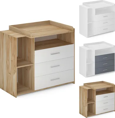 Produktbild von Infantastic® Wickelkommode - Mit Wickelauflage, 3 Schubladen, 3 Fächer, 113x53x101.6 cm, in MDF, Weiß/Grau/Sonoma - Baby Kommode, Wickelregal, Wickeltisch, Wickelschrank mit Wickelaufsatz (Sonoma-weiß)