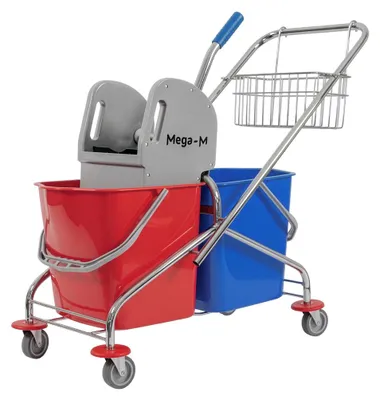 Zdjęcie produktu dla Wózek do sprzątania Mega-M z 2 wiadrami 23L, wózek do mopa, wózek domowy z prasą do mopa, kosz do przechowywania, niebiesko-czerwony, 63x23x67cm
