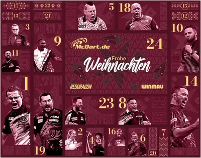 Produktbild von Adventskalender 2026 für Darts-Spieler – 24 Türchen – RedDragon – Winmau – 42 x 34 x 7 cm