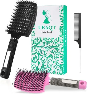 Image de Brosse à cheveux professionnelle démêlage poils de sanglier cheveux bouclés M-noir+rose