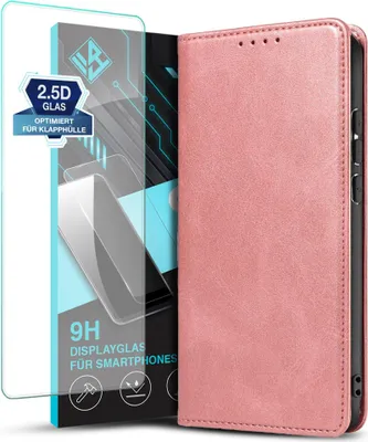 Produktbild von Handyhülle für Xiaomi Redmi Note 14 mit 9H Displayglas Kunstleder Flip Cover Hülle Handytasche Case Kartenfach Farbe: Rosa