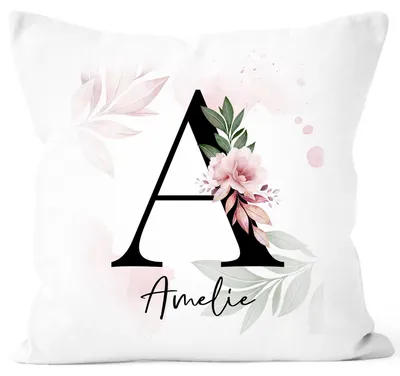 Produktbild von Kissen-Bezug Monogramm Initiale personalisierbarer Anfangsbuchstabe und Name Kissen-Hülle mit Namen Baumwolle personalisierte Geschenke Dekokissen SpecialMe® Blumenhintergrund weiß 40cm x 40cm