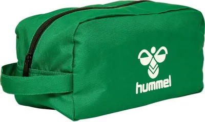 A green toiletry bag with a white logo and brand name.