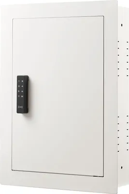 Image de SucceBuy Coffre-fort mural avec mot de passe, clé et bouton rotatif, en acier robuste laminé à froid Q235, avec étagères réglables et trous de fixation, idéal pour le stockage sécurisé de l'argent, des bijoux et des passeports, blanc