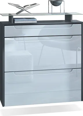 Produktbild von Vladon Schuhschrank Annie, Schuhkipper für 16 Paar Schuhe mit 2 Klappen, 1 Schublade und Glasablage, Anthrazit matt/ Weiß Hochglanz, Griffmulden in Weiß Hochglanz (89 x 96 x 23 cm)