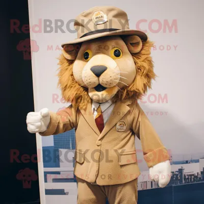 Produktbild von Brauner REDBROKOLY Löwe Maskottchen Kostüm charakter bekleidet mit Anzug und Hutnadeln