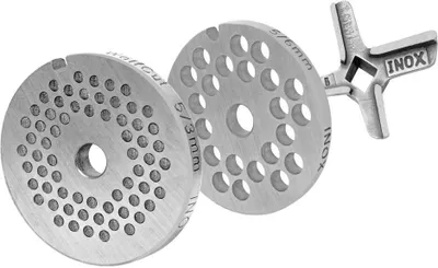 Produktbild von Lochscheibensatz für alle Fleischwolf Größen 5 / 3MM + 6MM und 1 Kreuzmesser Eversharp - passend für alle gängigen Fleischwölfe Größe 5 – z.B.: Bosch MUM4/MUM5 - Alexanderwerk Größe 5 – Jupiter Größe 5 und viele mehr von WolfCut