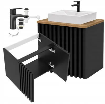 Produktbild von Hängender Waschtisch mit Keramikbecken, Armatur, Ablage, 60 cm, Schwarz
