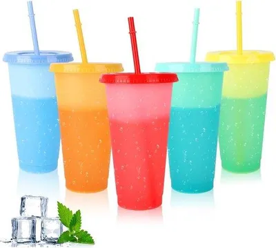 Produktbild von Farbwechselnde Becher mit Deckel und Trinkhalm, 710ml, Mehrweg, Smoothie, Kaffee