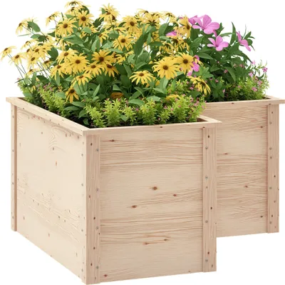 Image de Outsunny Jardinière en forme de L, lit surélevé de jardin, jardinière extérieure à fond ouvert, bac à fleurs en bois pour terrasse patio, 120 x 120 x 62 cm, bois naturel